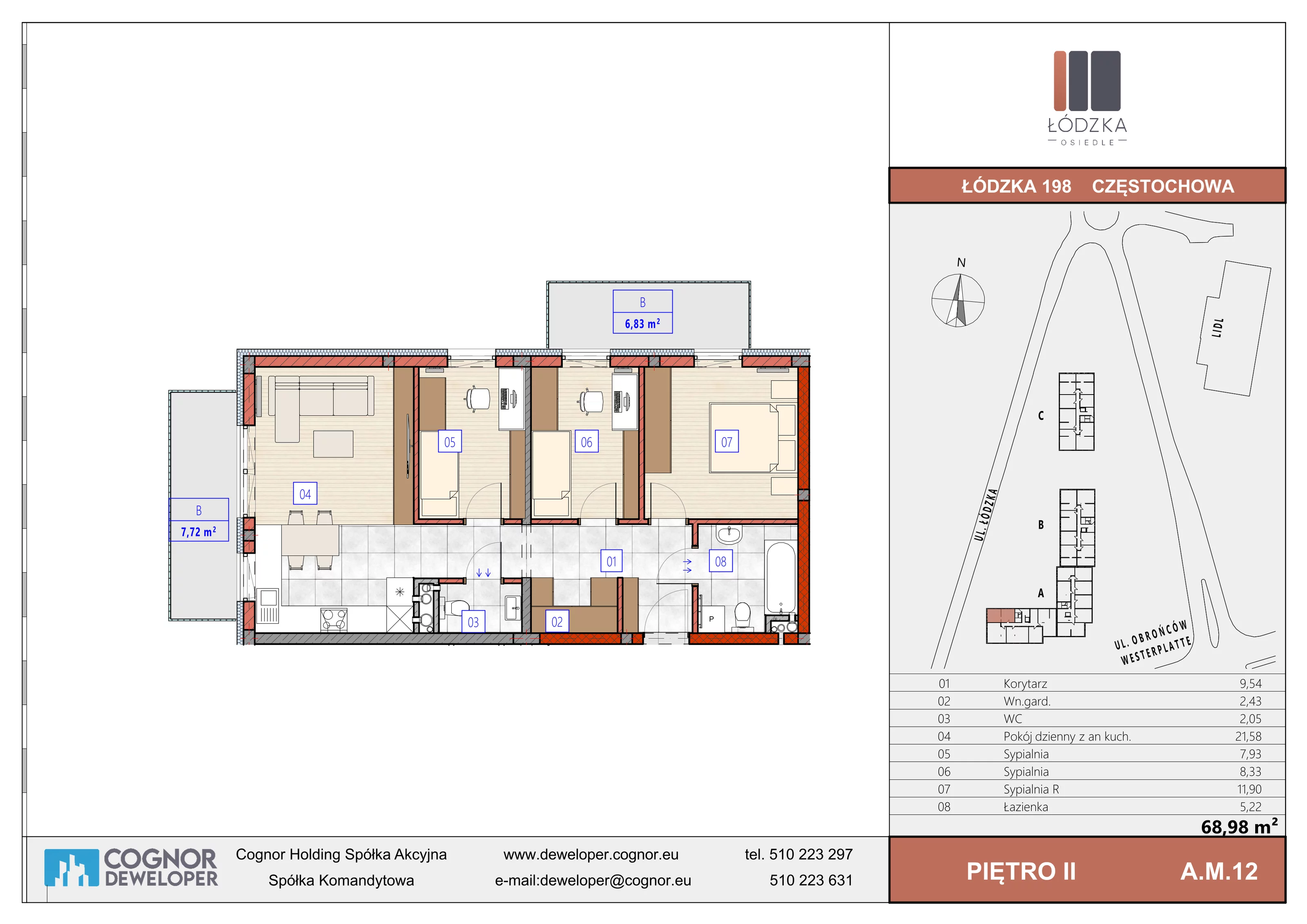 4 pokoje, mieszkanie 68,98 m², piętro 2, oferta nr A.M.12, Łódzka Osiedle, Częstochowa, Częstochówka-Parkitka, ul. Łódzka 198, 200, 202